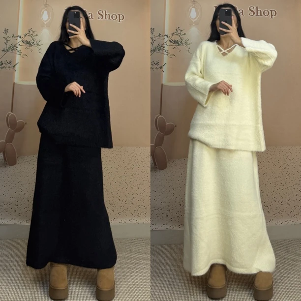 Mira 新款气质优雅甜美v领毛衣与半身裙套装～