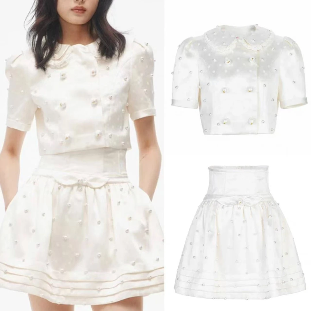 《no退no换默认微瑕》小清店夏季新款米色波点提花半裙上衣