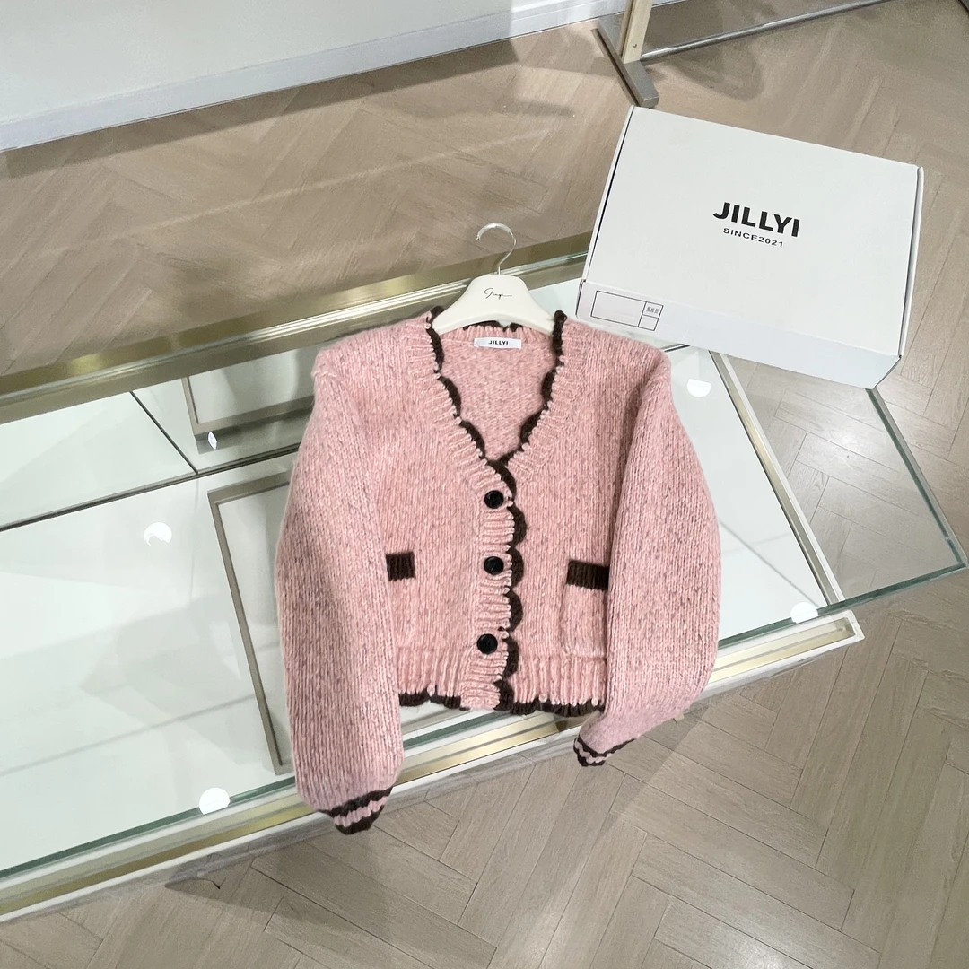 JILLYI南山店【芍药橘粉】粉色拼波浪黑边桃心领长袖针织上衣