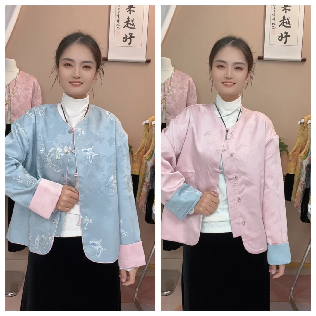 【伊人】新中式国风秋季新款双面穿时尚洋气福刺绣绣花圆领外套上衣