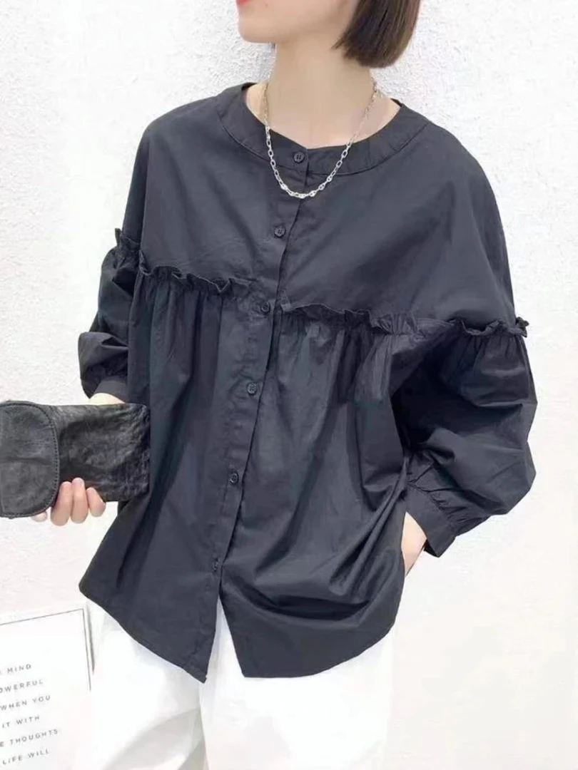 文艺宽松长袖立领净色百搭衬衫女春秋上衣0001