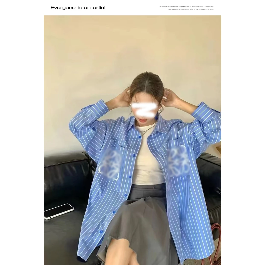 88272条纹宽松刺绣衬衫百搭显瘦带口袋上衣