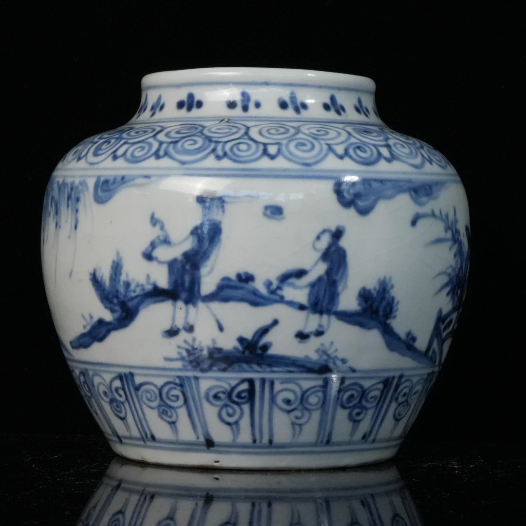 lot16693 6960 明中期 青花人物图罐 H:13