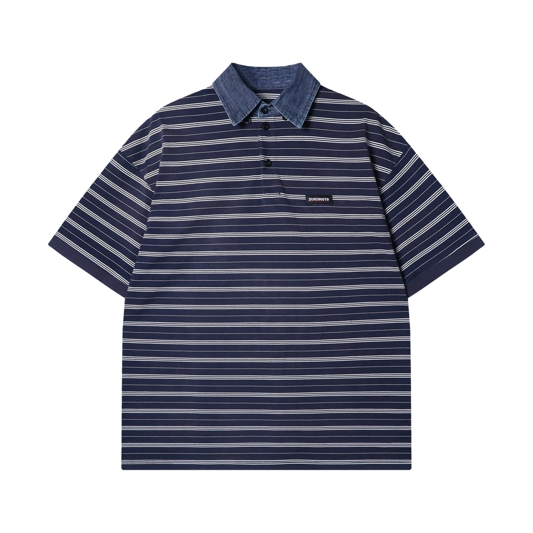 夏季高级感新款韩版撞色条纹polo领短袖T恤拼接牛仔设计百搭上衣