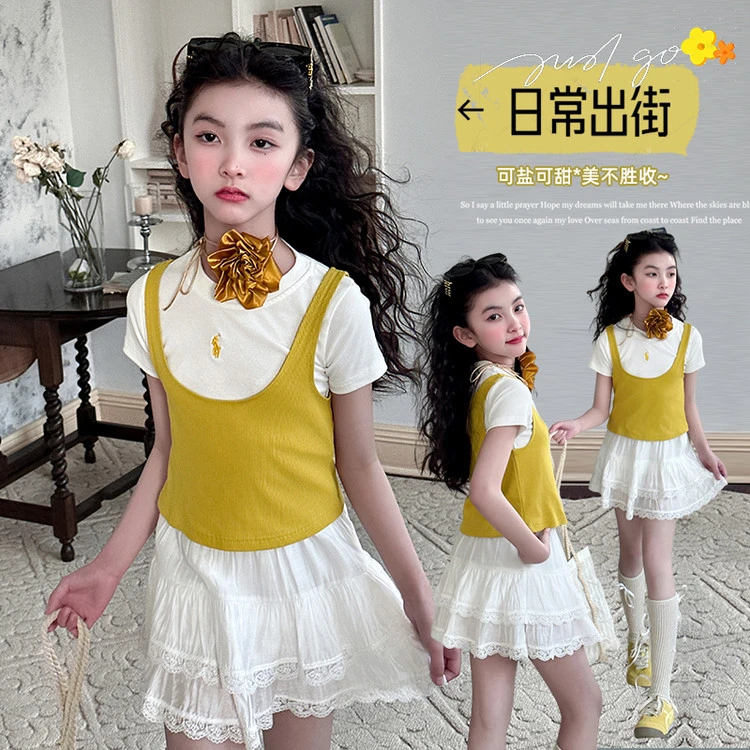 女童夏季清新套装2025新款女中大童背心短袖洋气时髦儿童蕾丝短裙