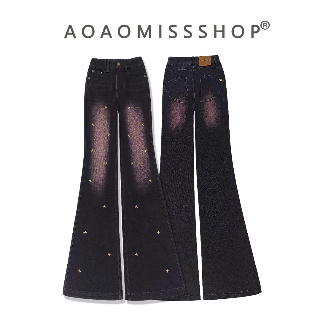 加绒和单裤【金太阳钻微喇叭】AOAOMISSSHOP鳌鳌家四面弹牛仔长裤