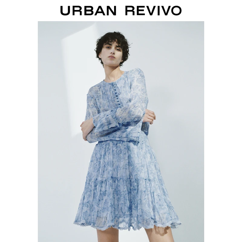 UR2025春季新款女装休闲波嬉风印花打揽长袖连衣裙UWH750023