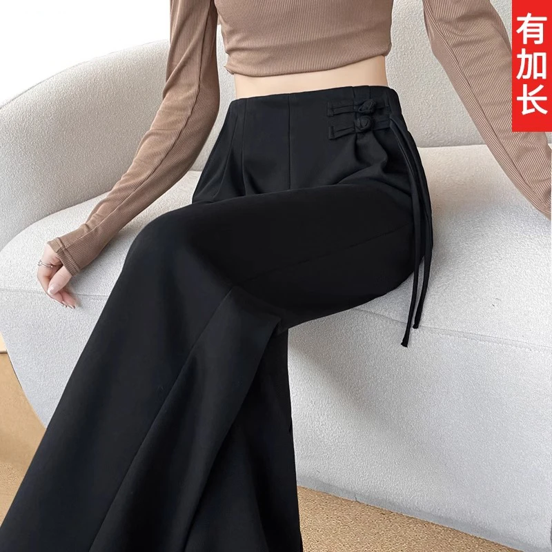 新中式阔腿裤女加长2025新款高腰垂感春秋国风窄版直筒休闲运动裤