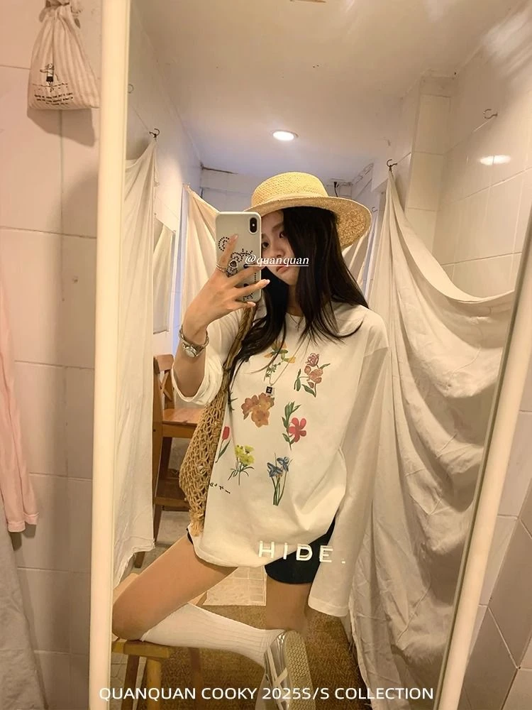 圆领宽松长袖t恤女2025新款白色休闲百搭显瘦打底衫潮2秋季T恤