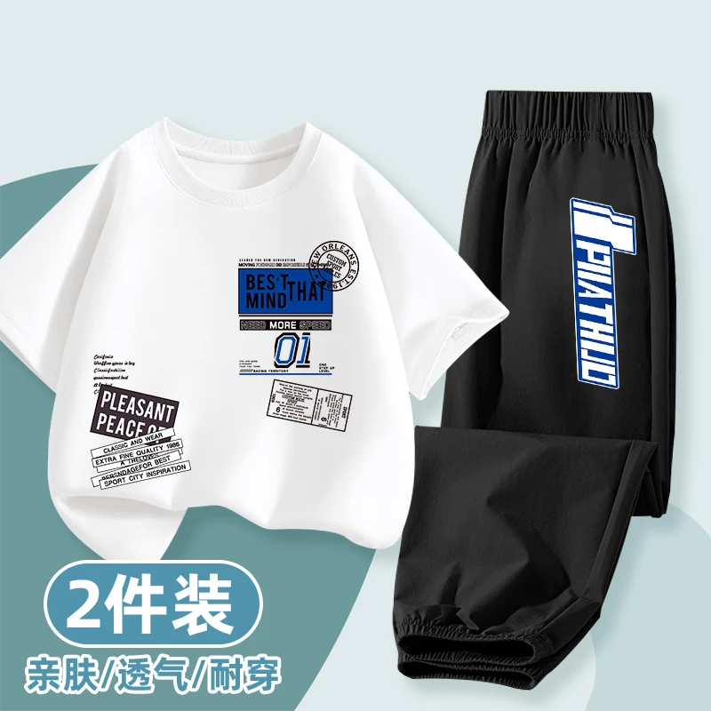 夏季儿童新款卡通套装男童2025爆款帅气纯棉短袖冰丝防蚊裤两件装