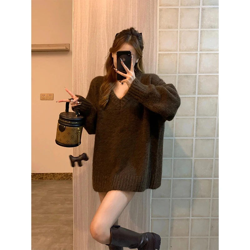 parkyeon美拉德咖色v领毛衣女秋季慵懒风软糯宽松显瘦针织衫上衣