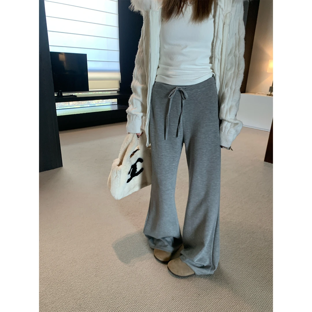 宋正恩灰色直筒休闲裤女卫裤韩系百搭慵懒风运动阔腿长裤AA26213