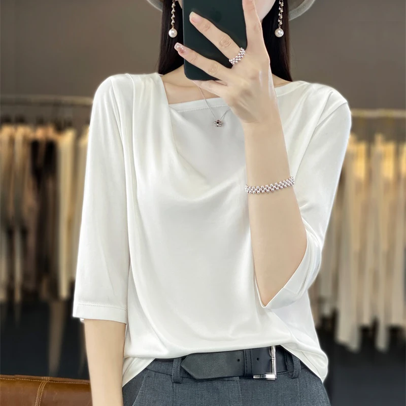 2025新款一字领女士醋酸短袖T恤洋气宽松显瘦气质褶皱五分袖上衣