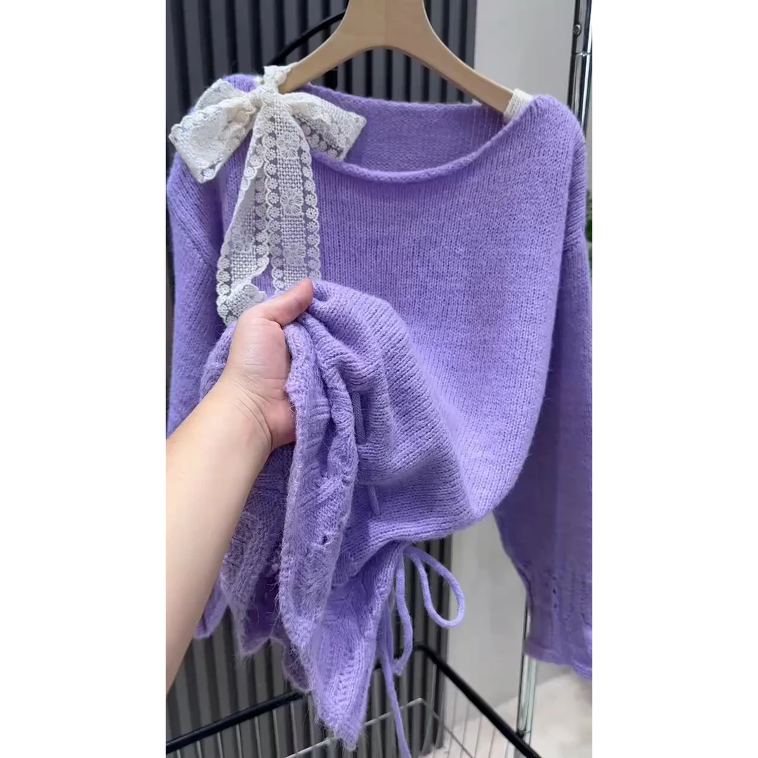 韩系温柔蕾丝绑带慵懒风甜美针织毛衣