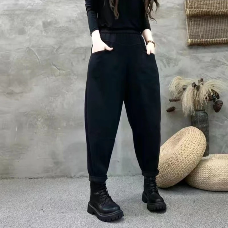 春秋季新款松紧腰休闲妈妈装水洗棉长裤