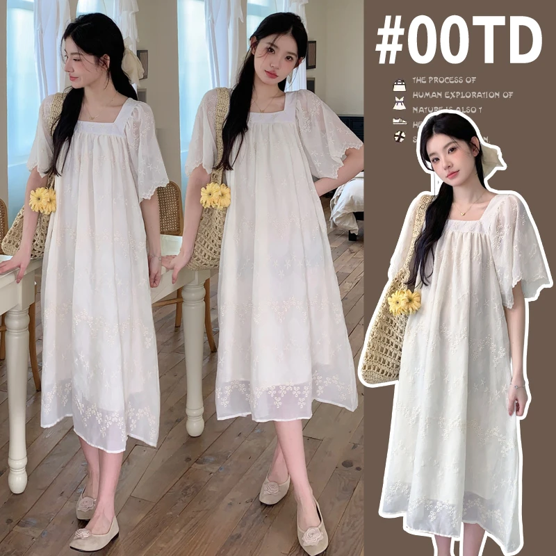 2025夏季新款韩版方领显瘦甜美宽松孕妇麻纱钩花刺绣中长款连衣裙
