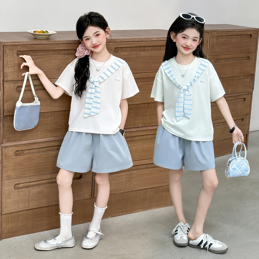 女童套装洋气时尚条纹披肩休闲两件套夏季女孩运动薄款宽松学生