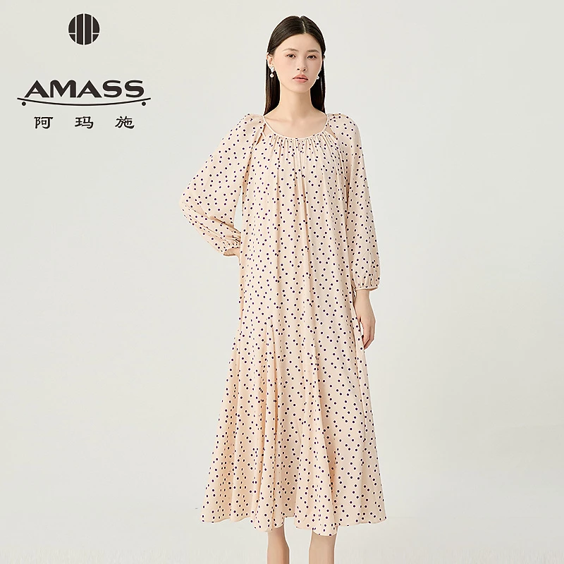 阿玛施AMASS 复古气质法式波点圆领宽松垂感连衣裙附内搭550012