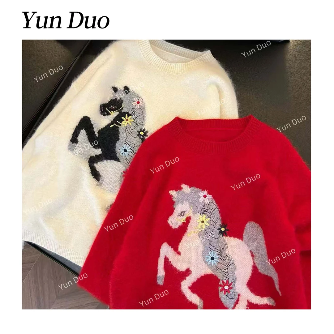 云朵定制【鸿运当头】小马提花刺绣圆领针织毛衣LI13