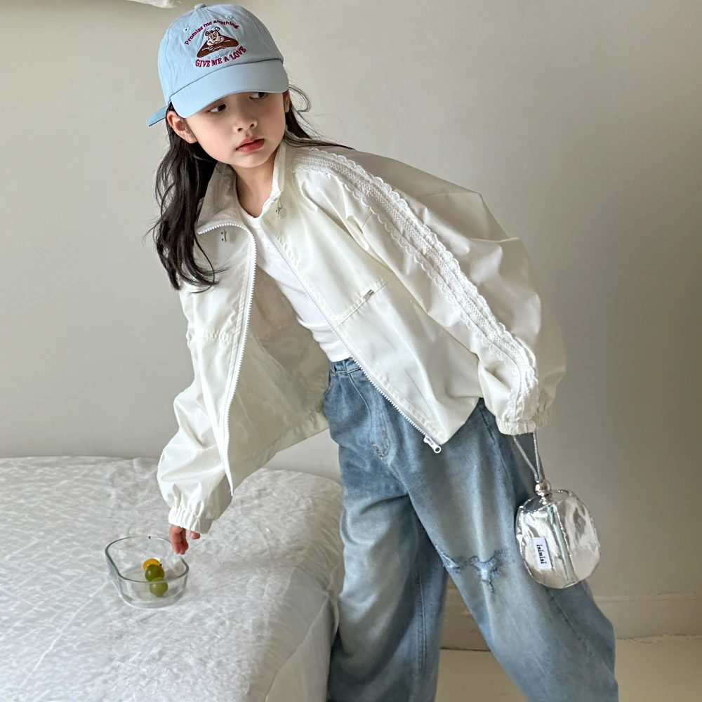 女童秋装外套2025新款儿童韩系白色夹克大童冲锋衣女孩春秋款上衣