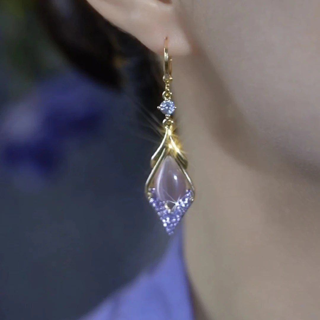 铜合金合成锆石耳饰 简约紫色菱形耳扣流苏轻奢耳环
