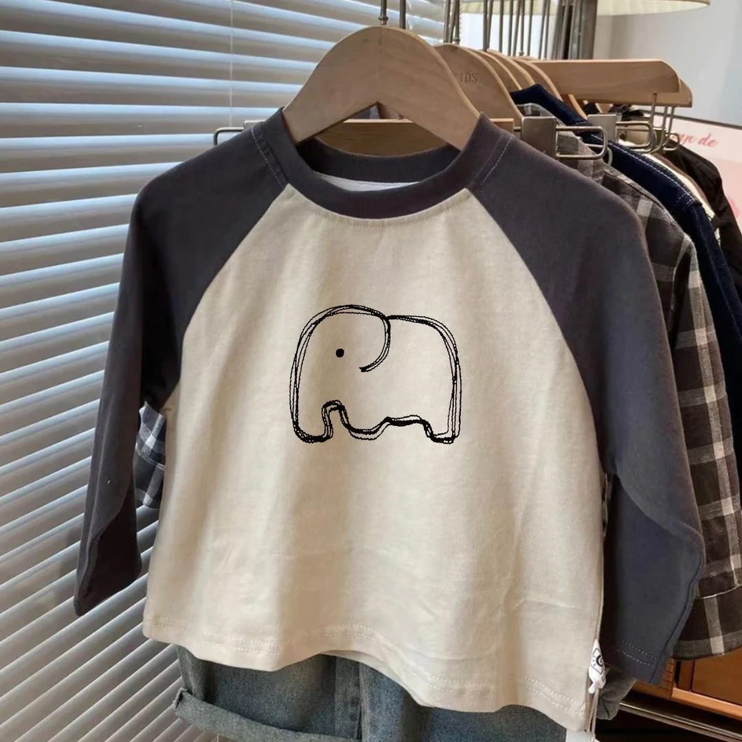 儿童男童纯棉T恤女童插肩宝宝圆领新款长袖打底春秋上衣小童卡通t