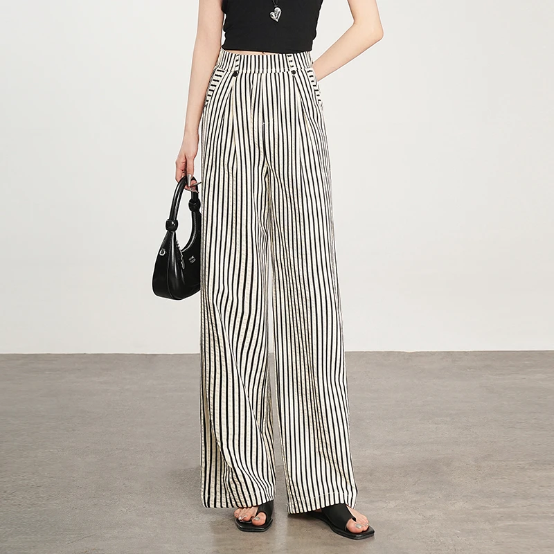 竖条纹阔腿裤女夏季薄款裤子时尚高腰宽松显瘦垂感时髦洋气直筒裤