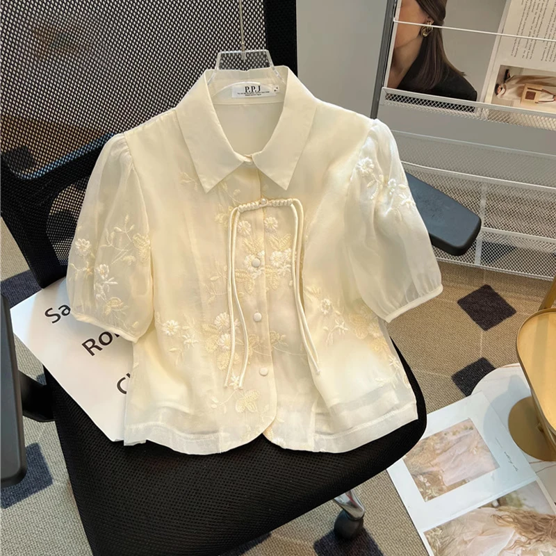 轻国风盘扣雪纺衬衫女2025夏季新款小个子减龄小衫新中式短袖上衣