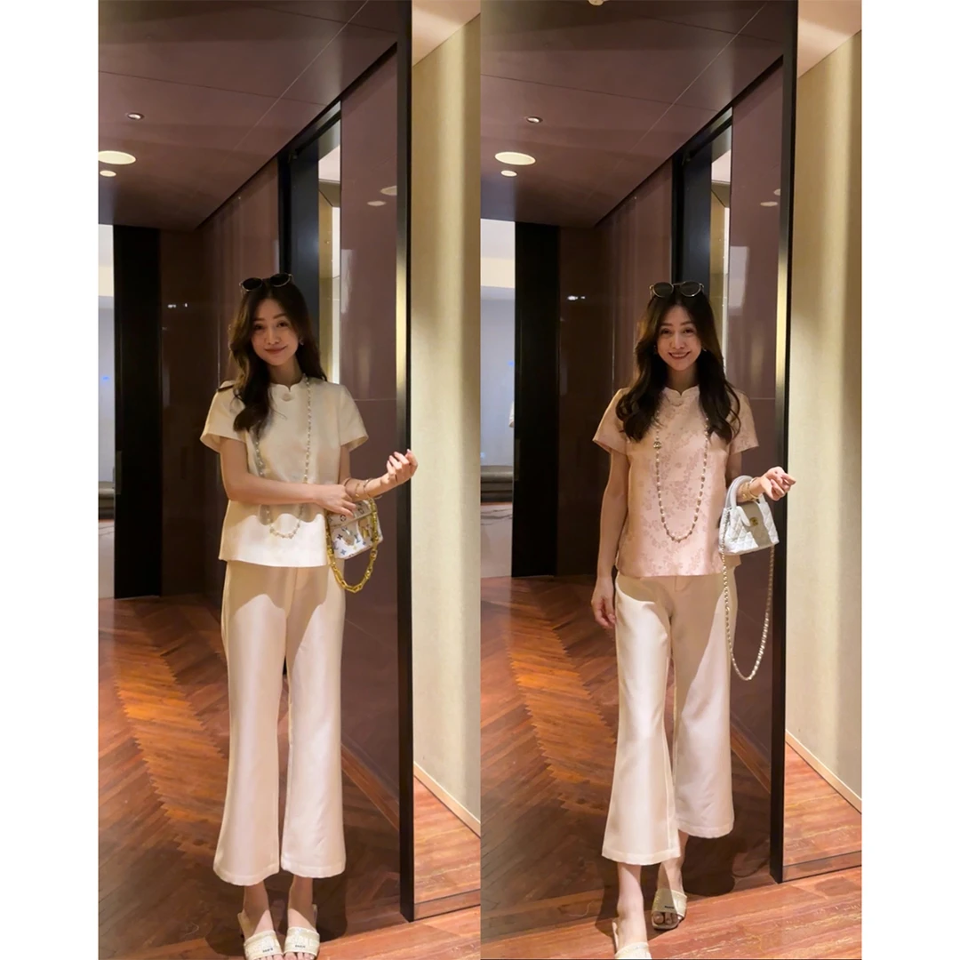 W·HAHA【兰亭序】新中式提花盘扣短袖上衣长裤两件套60875