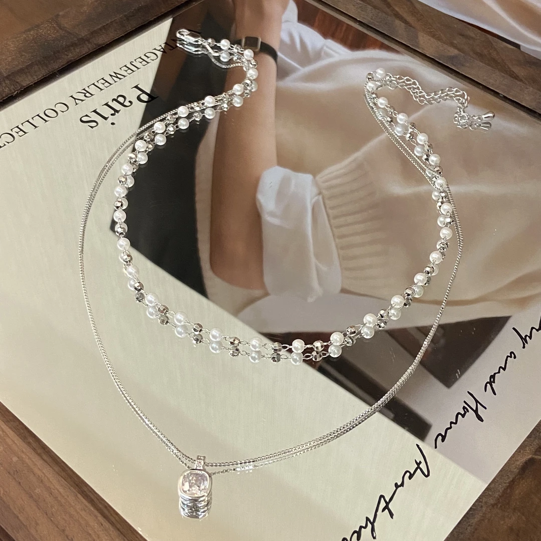 镀白金  小方糖泡泡  双层不可拆卸项链X8103