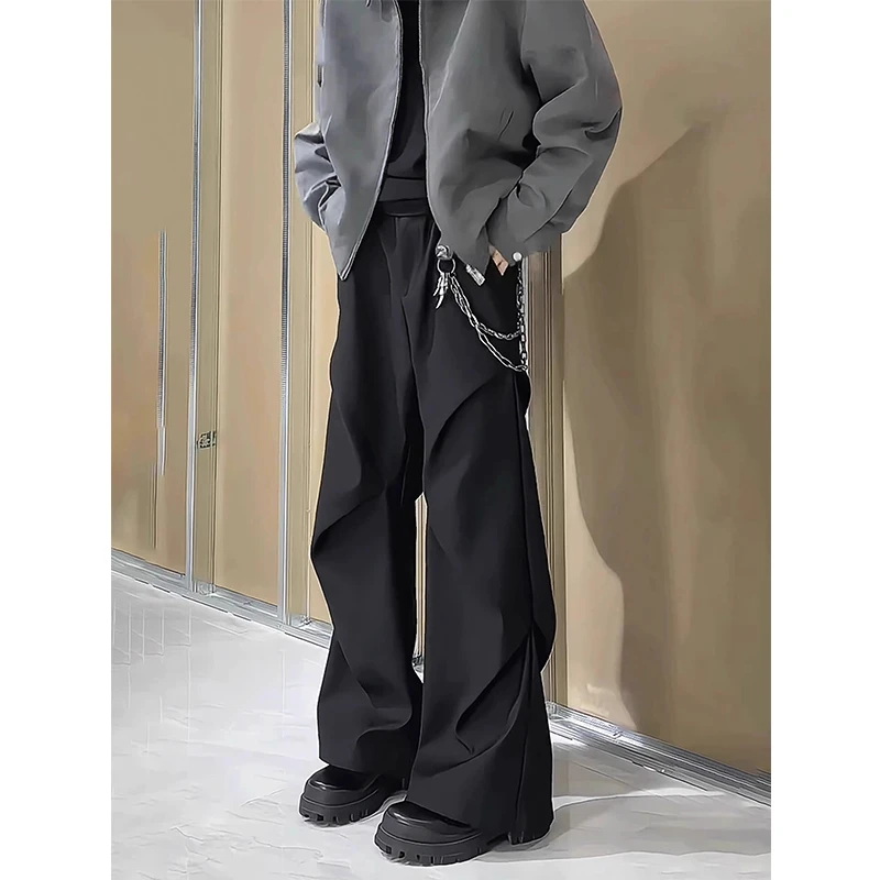 cleanfit黑色微喇西裤男款春秋季垂坠感高级感裤子褶皱伞兵工装裤