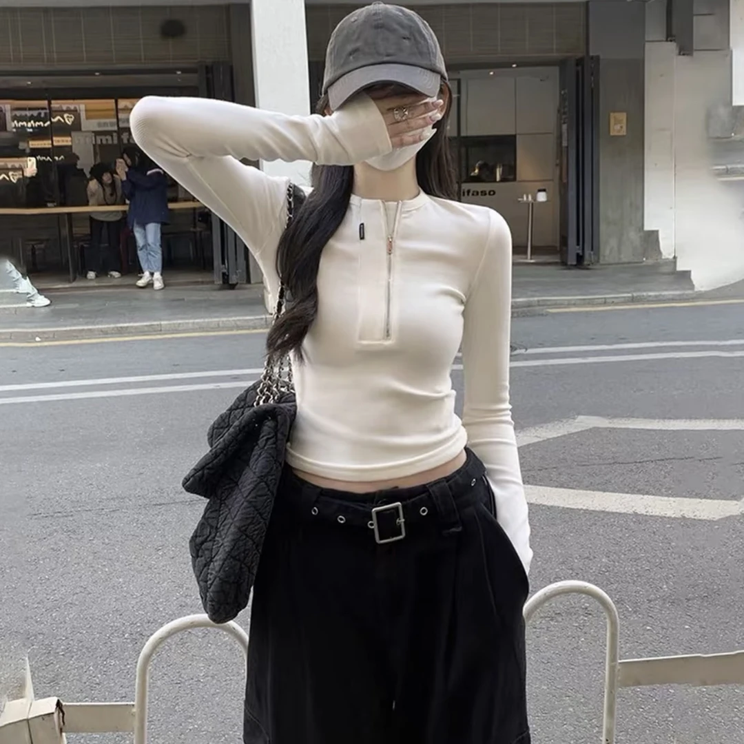 拉链美式圆领正肩长袖T恤2025早秋新款百搭显瘦修身设计感上衣女