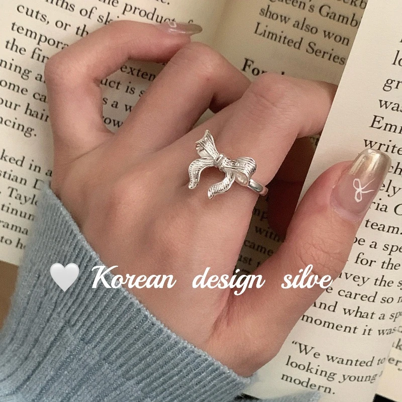 lulu轻奢S925纯银拉丝竖条纹蝴蝶结戒指韩版东大门开口戒指气质