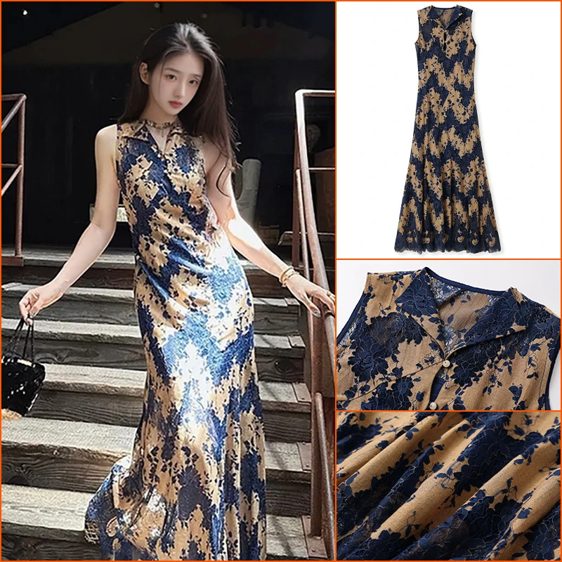 现货新中式时尚蕾丝镂空旗袍裙女装夏季新款国风气质轻奢连衣裙子