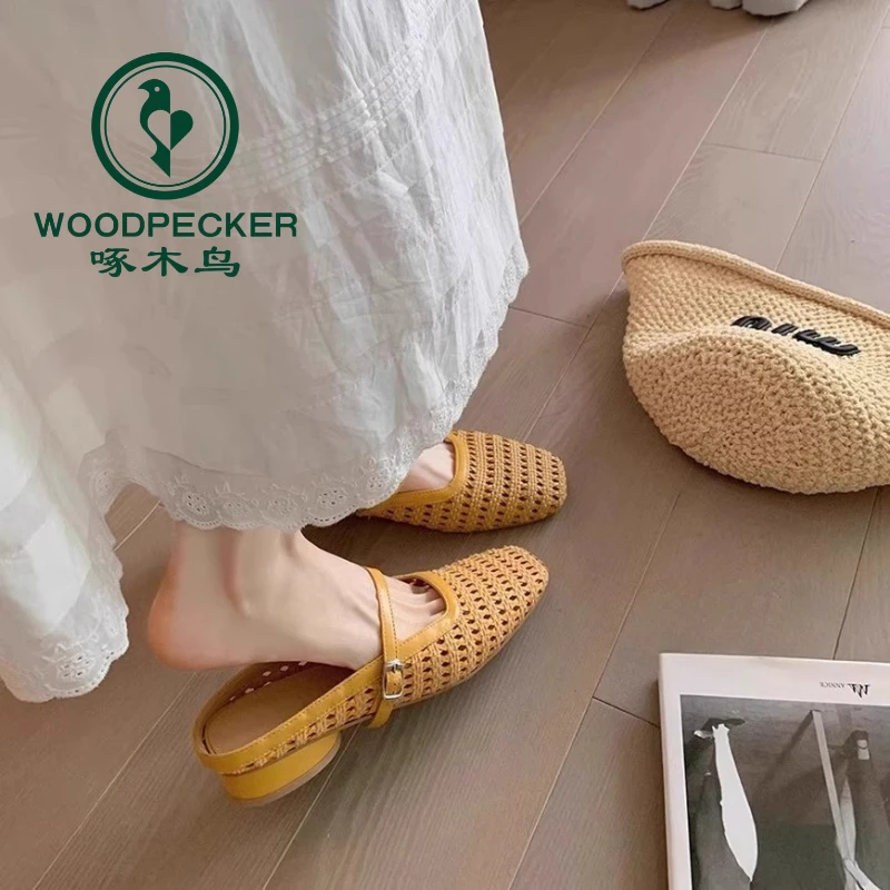 啄木鸟2025夏季新款复古编织镂空方头一字带粗跟百搭穆勒半拖鞋女