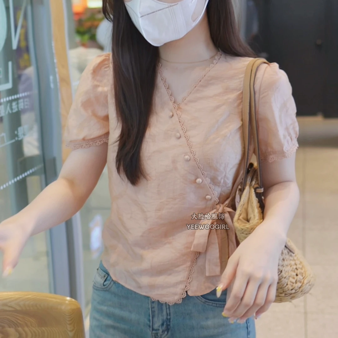【大脸哈】气质v领气质洋气短袖衬衫女夏2025新款宽松显瘦开衫上衣