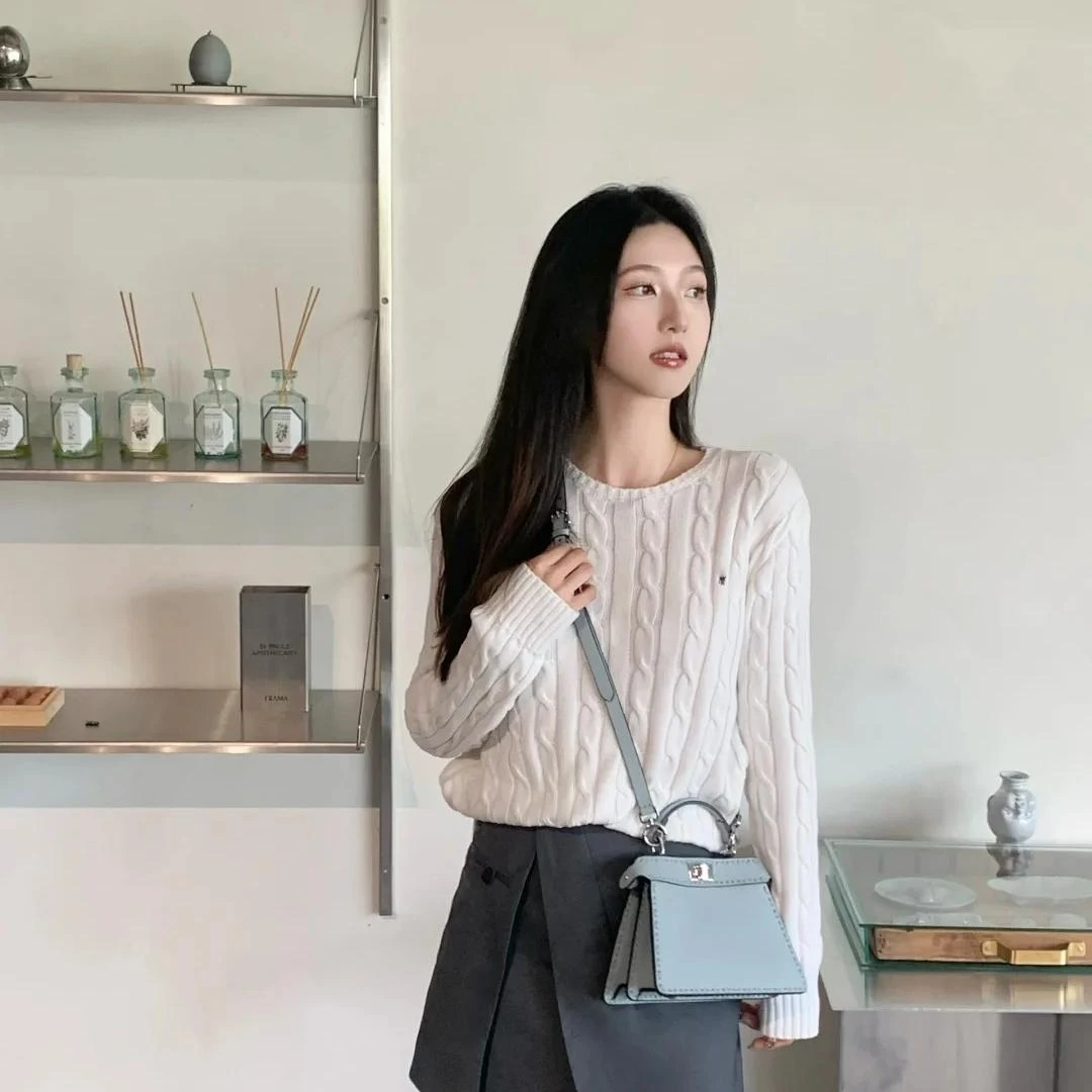 凯颖圆领纯棉慵懒风麻花套头长袖显瘦早春新款女士时尚针织衫毛衣