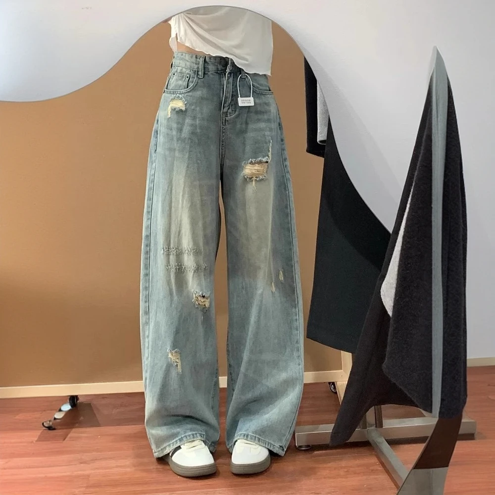 设计感破洞牛仔裤女夏胖妹妹mm遮肚显瘦梨形身材弯刀直筒阔腿裤子