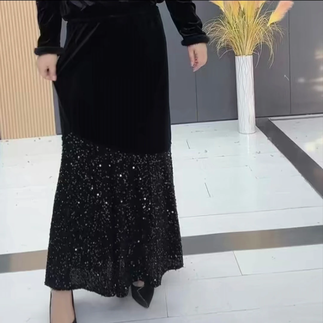 6819大码女装秋冬新款显瘦丝绒拼接亮片鱼尾半身裙