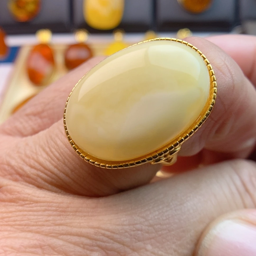 琥珀戒指银S925镀金镶嵌