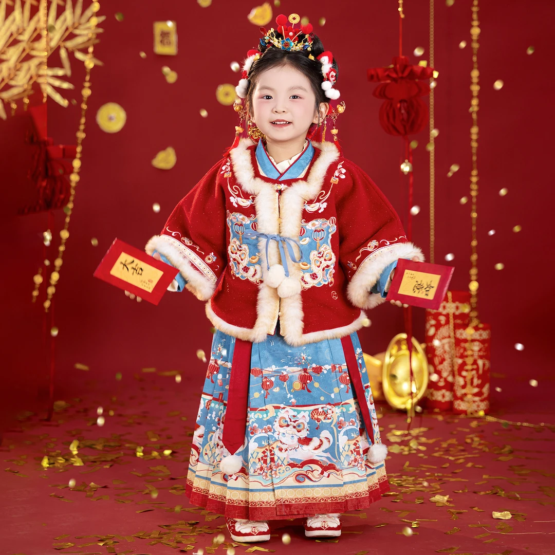 童锣湾拜年服女童冬季套装明制汉服加绒小女孩马年过年衣服【沁蓝】