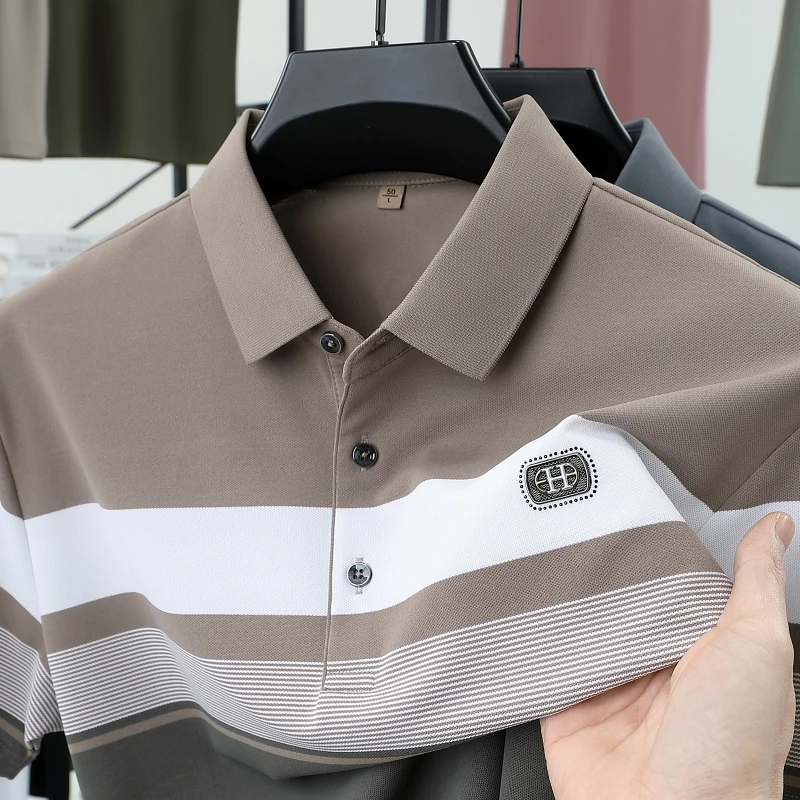 重磅长袖t恤男士潮条纹上衣夏季新款休闲翻领短袖polo衫鸟家冰丝