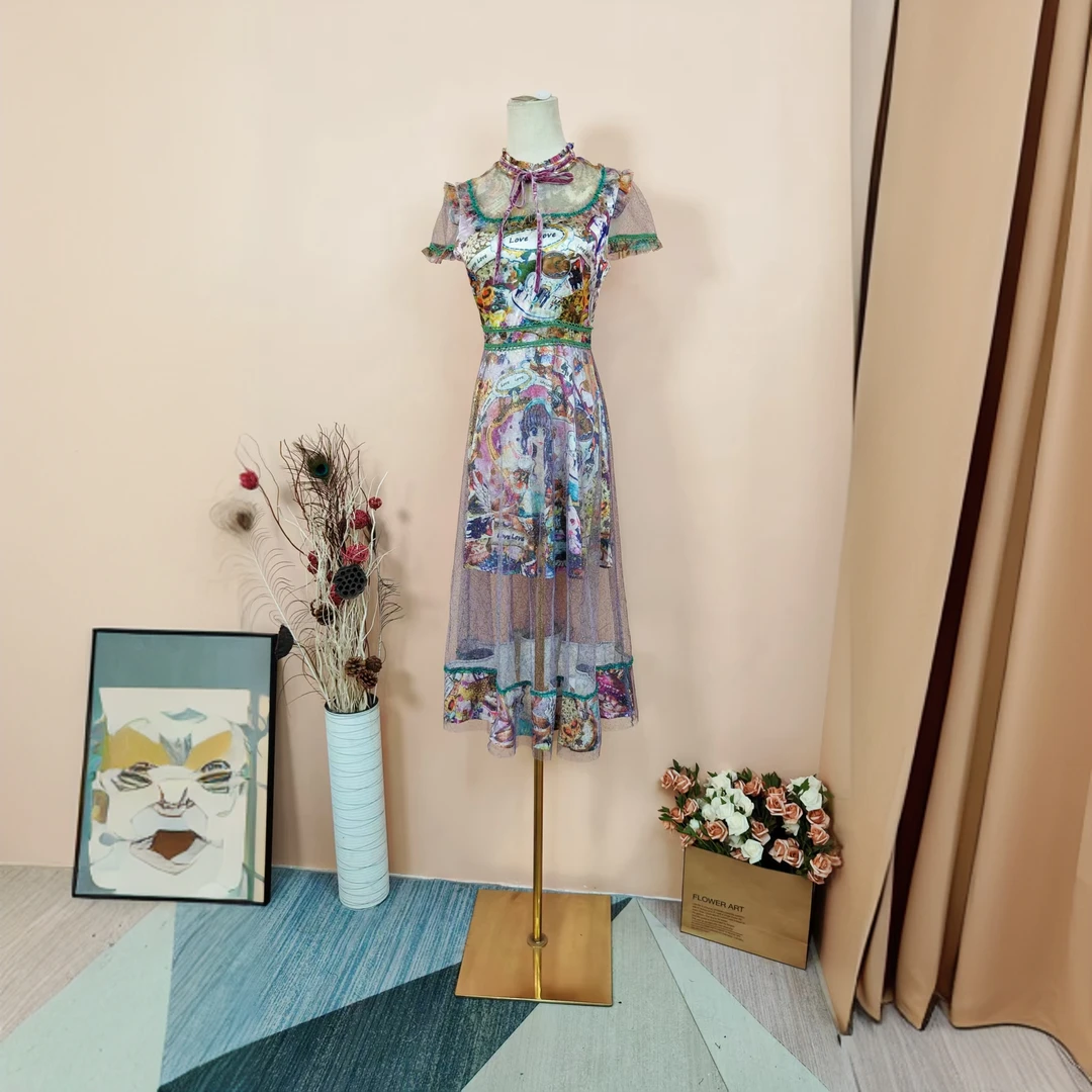 [依易原创]轻奢高定宫廷风网纱印花拼接蝴蝶结连衣裙E0317