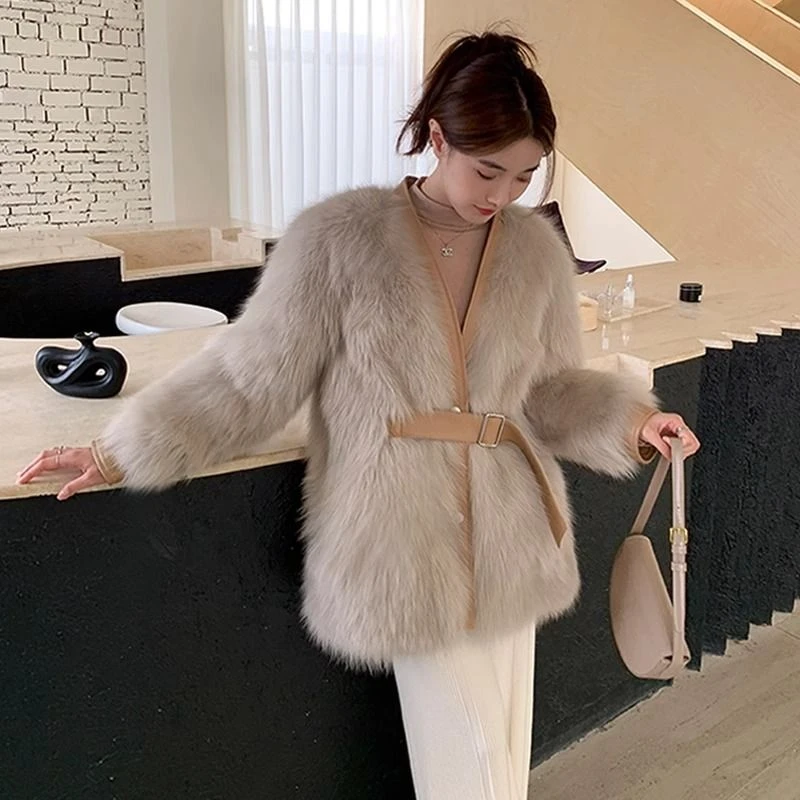 2024新款仿毛外套女中长款气质名媛冬季外穿年轻潮流腰带