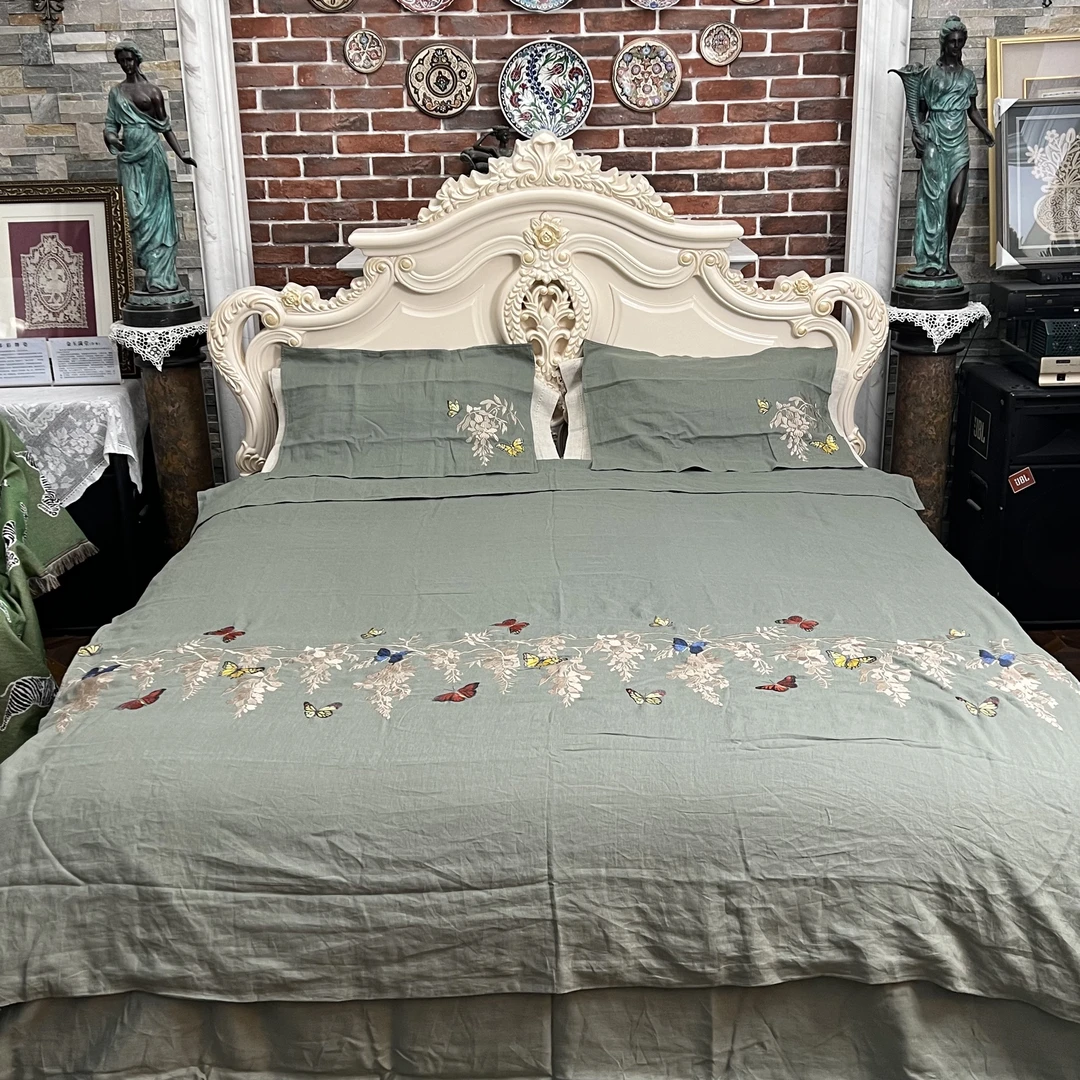 RS185纯亚麻叶绿色刺绣款Q-(蝴蝶)四件套