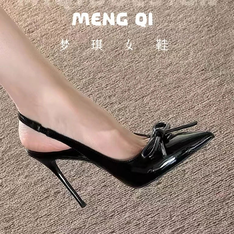 新款黑色高跟鞋女法式2025春夏蝴蝶结包头凉鞋女漆皮尖头浅口单鞋