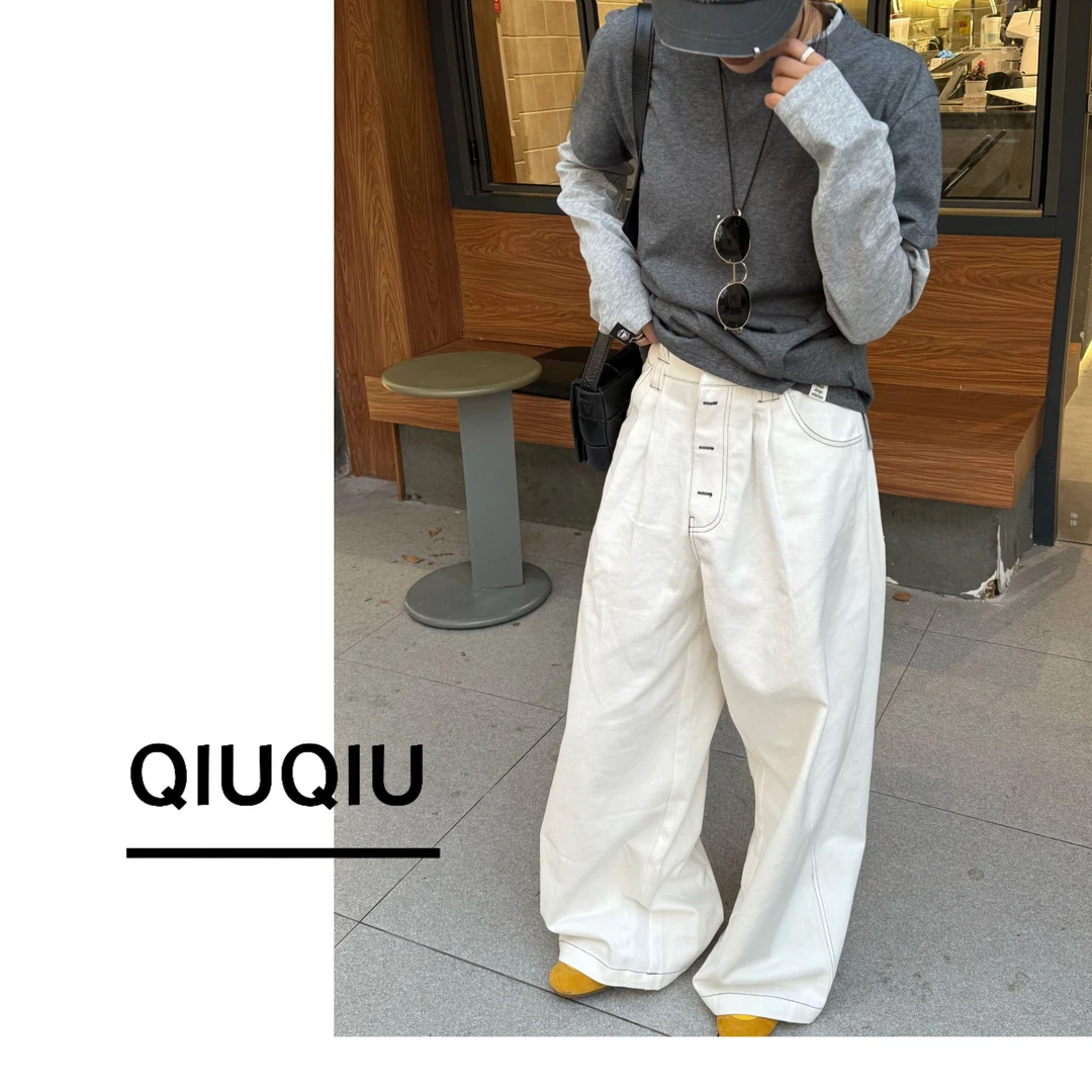 【秋.白牛仔】小众高级休闲宽松设计师款高腰百搭酷牛仔裤白色阔腿