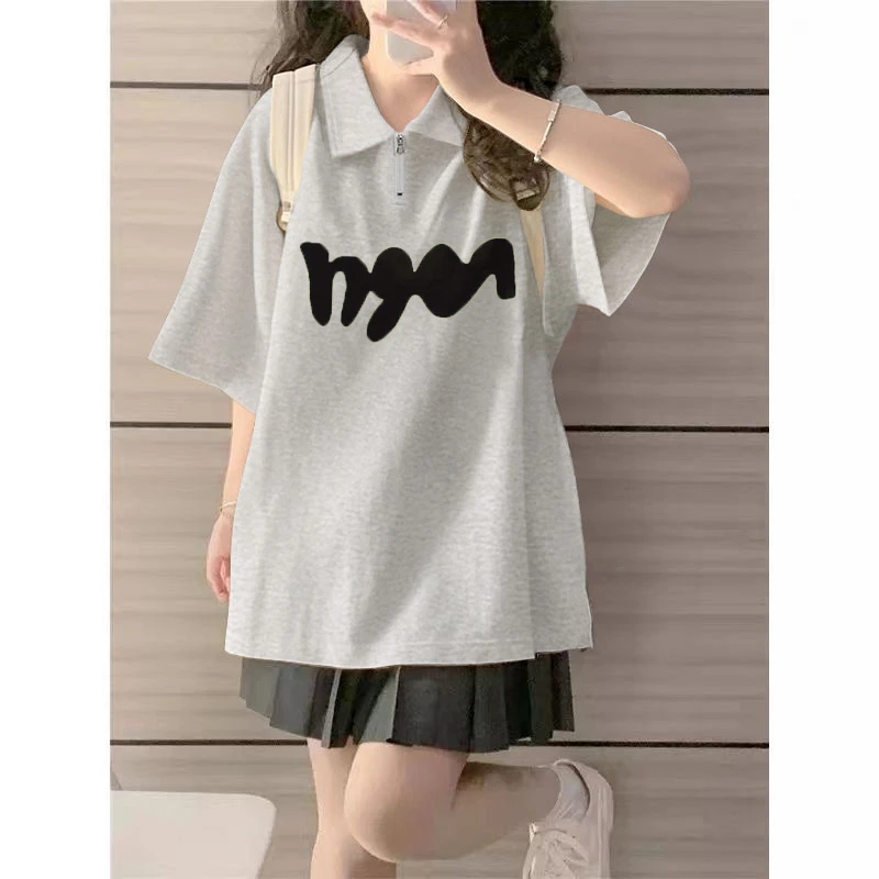 原创设计100%纯棉新款polo领半拉链短袖t恤宽松百搭学院风上衣女