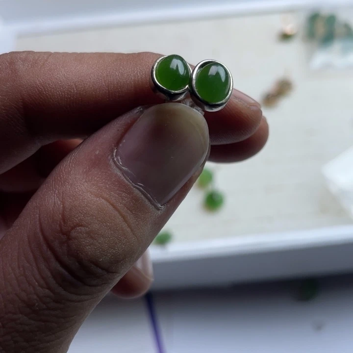 和田玉（碧玉）银S925镶嵌挂件耳钉