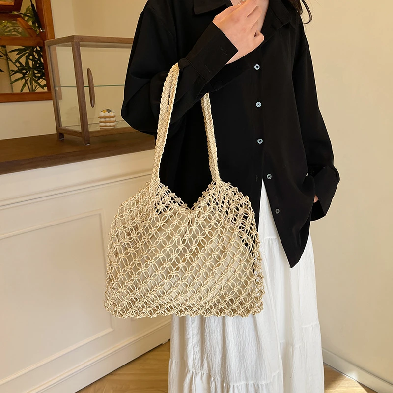 新款编织镂空草编包纸绳网格无内衬编织包沙滩包女包双鱼1022